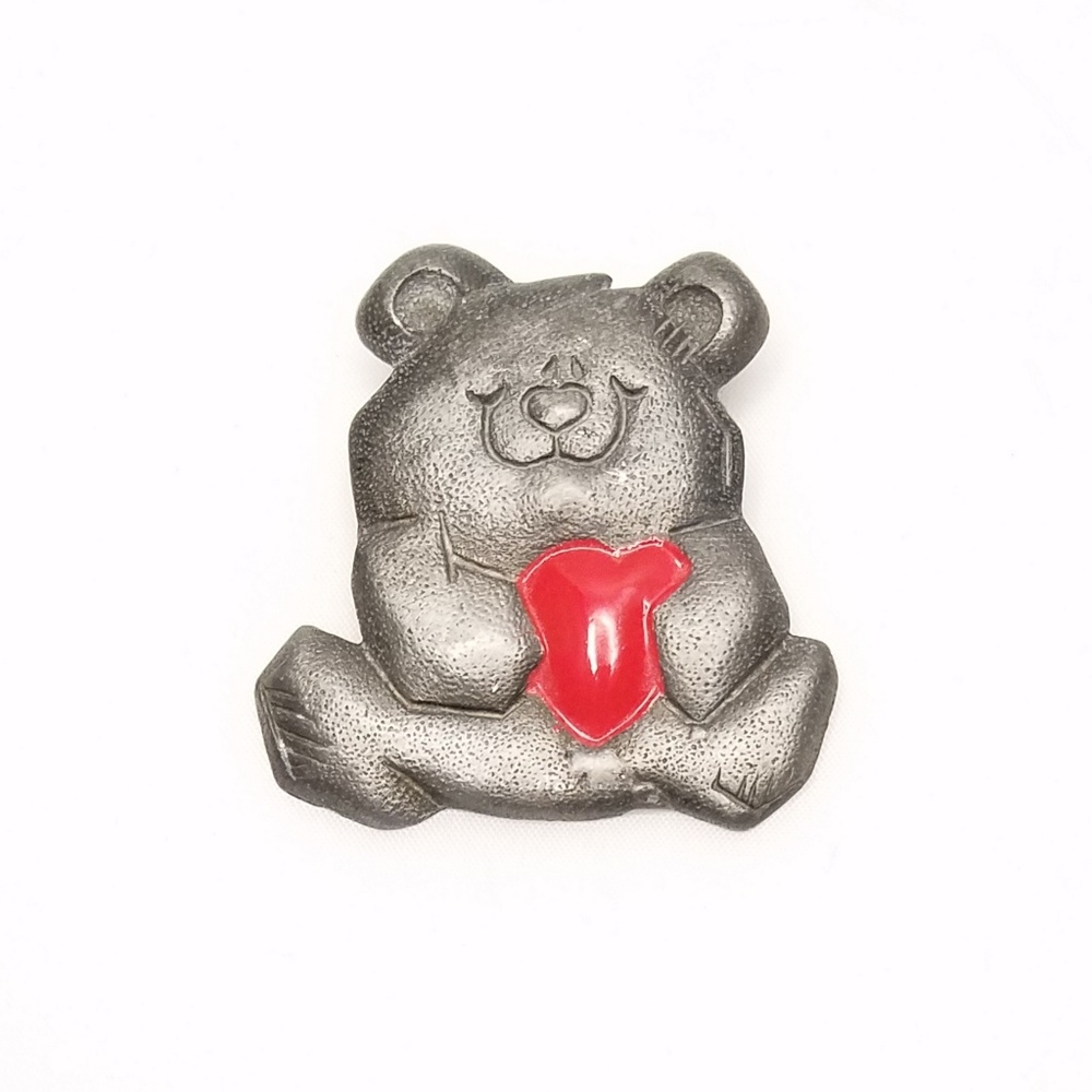 Cute Silver Tone Teddy Bear Holding Heart Brooch